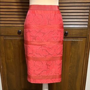 Ann Taylor Coral/Orange Organza & Lace Pencil Sheer Lined Skirt Size 8